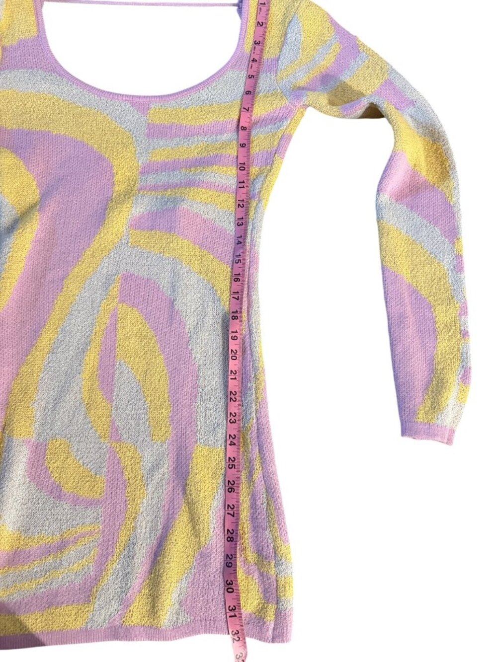 Super down Abstract Pastel Knit Mini Dress With Long Sleeves & Scoop Neckline - - Picture 6 of 10